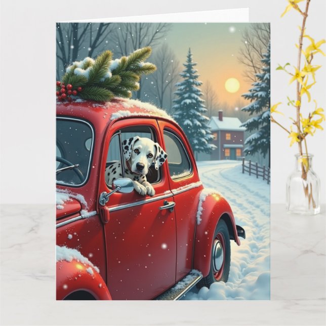 Cartão Dalmatian Snowy Car Ride Christmas Painting (Flor Amarela)