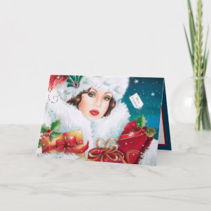 Cartão Dama de Natal vintage retrô Art Déco