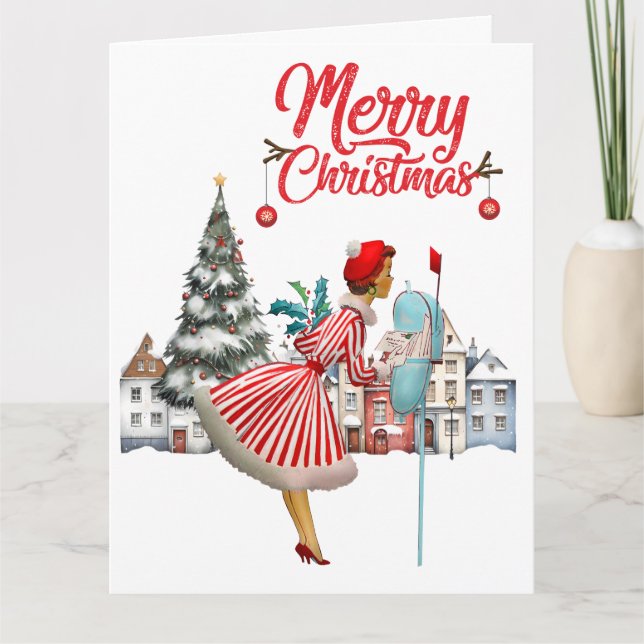 Cartão Dama Vintage de 1950 Enviando Saudações de Natal (Frente)