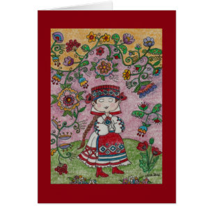 Cartão Dançarina Ucraniana e Flores de Arte Foliar