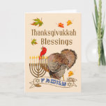 Cartão das bênçãos de Thanksgivukkah - Turquia &<br><div class="desc">As bênçãos deste Thanksgivukkah cardam características uma Turquia,  Menorah,  a queda sae e uma bandeira da família. Um cartão especial para enviar bênçãos de Thanksgivukkah à família e aos amigos. Cartões dos sentimentos de ©2013 Kreative pela xerez Harris</div>