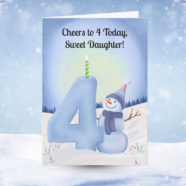 Cartão Daughter 4th Birthday Snowman with Snowy Four (Criador carregado)