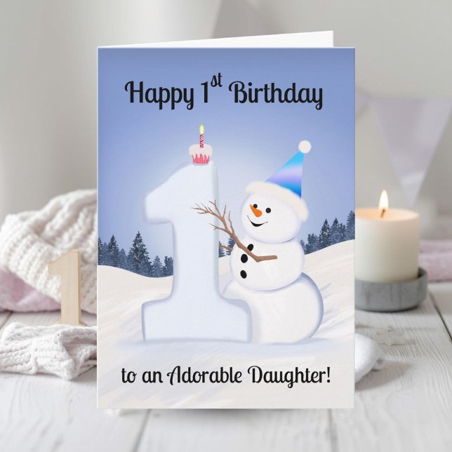 Cartão Daughter Happy 1st Birthday Snowman Building (Criador carregado)