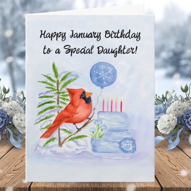 Cartão Daughter Happy January Birthday Cardinal with Cake (Criador carregado)