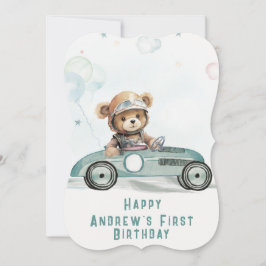 Cartão de 1º Aniversário do Bebê Urso de Carro de