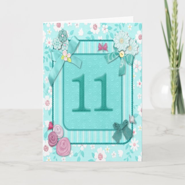 Cartão de 11 de aniversário com flores (Frente)