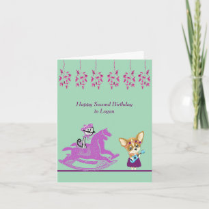 Cartão de 2º Aniversário com Gato Cavalo de Pau e