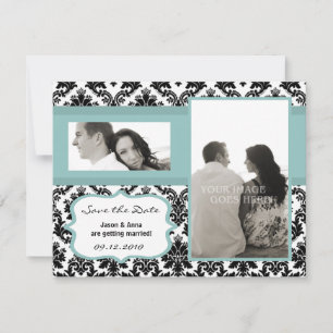 Cartão de 4x5 Save the Date Preto Damask Azul