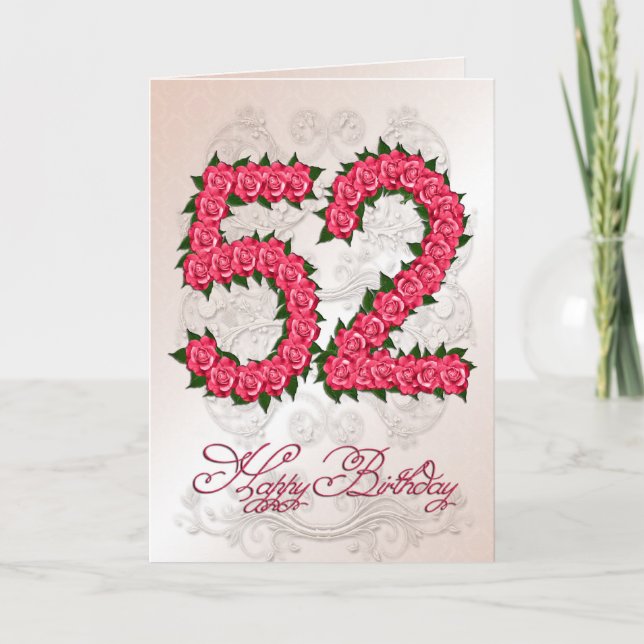 Cartão de 52.o aniversário com rosas e folhas (Frente)