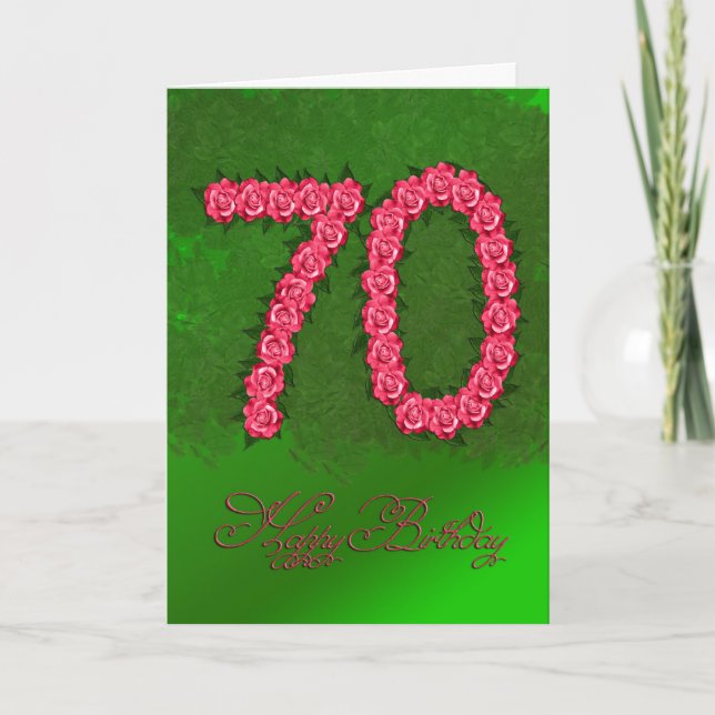 Cartão de 70 de aniversário com rosas e folhas (Frente)