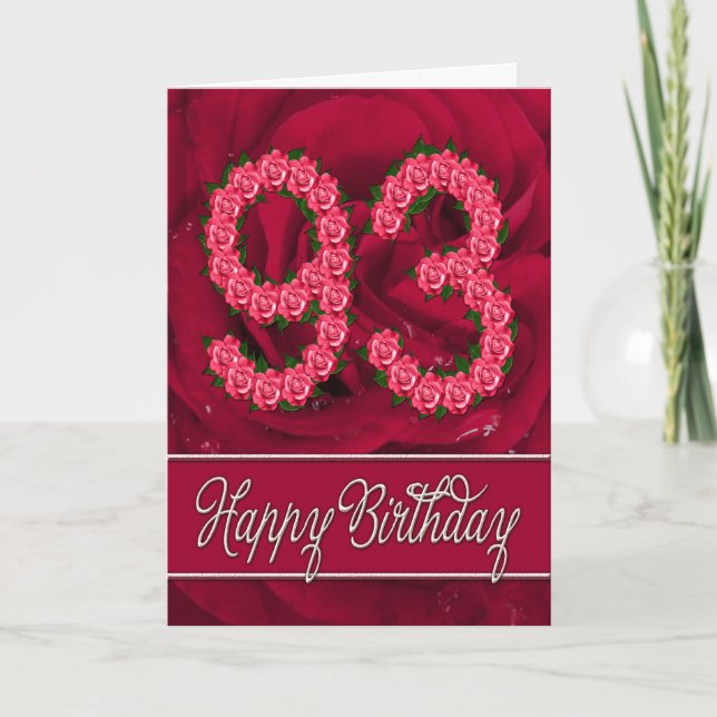 Cartão de 93.o aniversário com rosas e folhas (Frente)