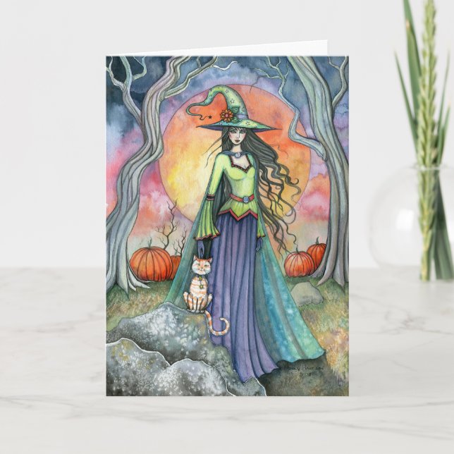 Cartão de Abóbora de Gata Bruxa de Halloween (Frente)