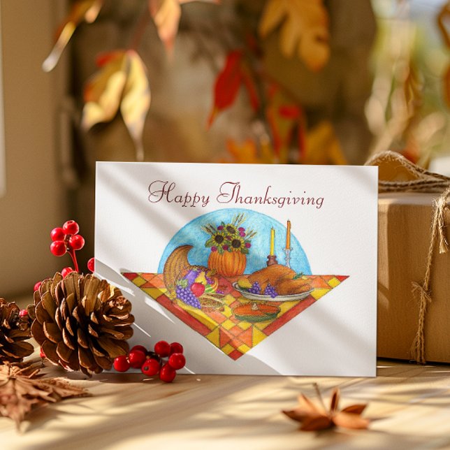 Cartão de Ação de Graças de Harvest Quilt Cornucop (Criador carregado)