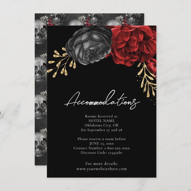 Cartão de Acomodações de Casamento Floral Vermelho (Frente/Verso)