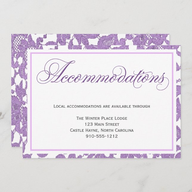 Cartão de acomodações de casamento Lavender Lace (Frente/Verso)