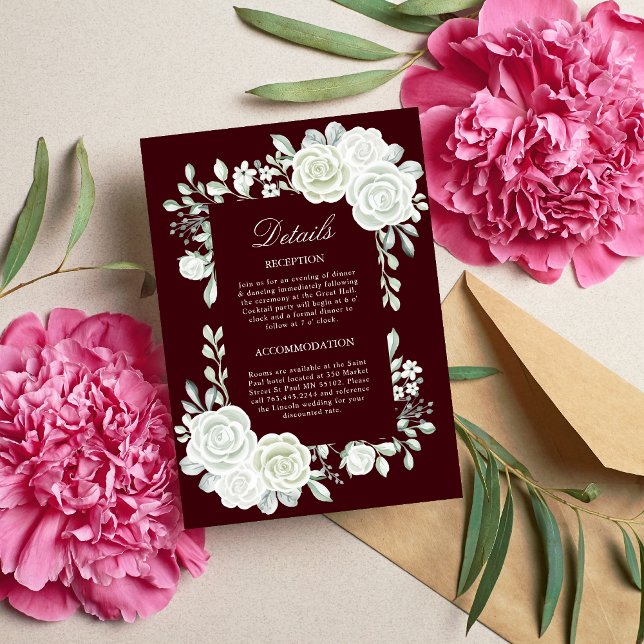 Cartão de Acompanhamento de Casamento Rosas Branca (Gothic burgundy white roses enclosure card shares details with a romantic, dramatic touch.)