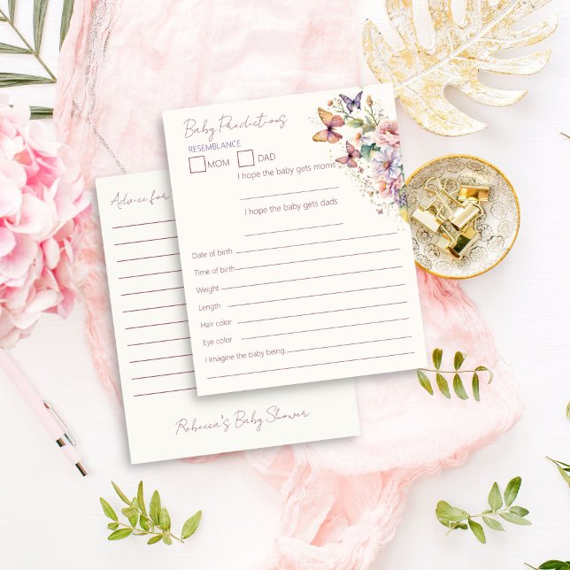Cartão de aconselhamento sobre previsões de bebês  (Little Butterfly enchanted garden spring summer baby shower baby predictions and advice card )