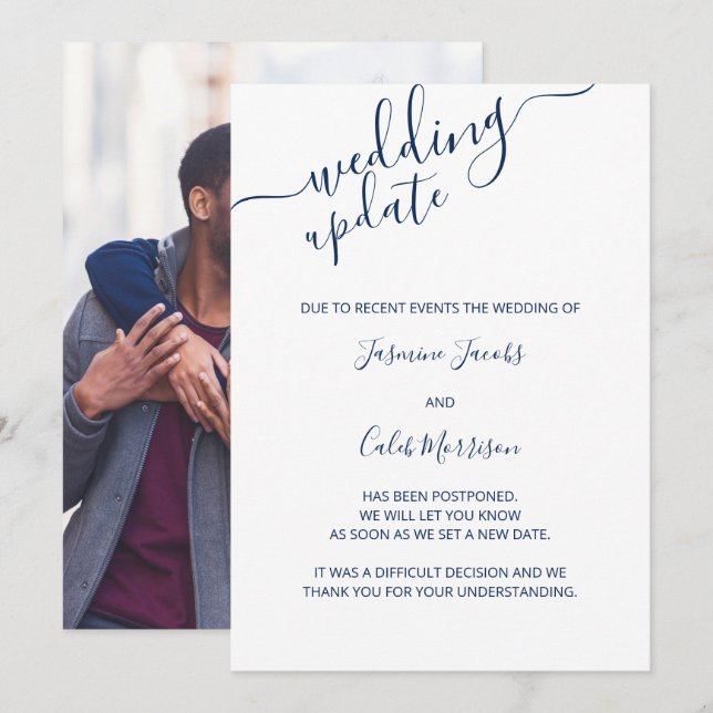 Cartão de Adiamento de Foto Azul Roteiro Casamento (Frente/Verso)