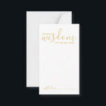 Cartão de Advertência e Desejo para Casamento de S<br><div class="desc">Adicione um toque pessoal ao seu casamento com um moderno guião de casamento e um cartão de desejos. Este cartão de conselho apresenta o título 'palavras de sabedoria' com detalhes no script dourado e estilo de fonte sans serif em fundo branco. Perfeito para casamento, chá de fraldas, festa de aniversário,...</div>