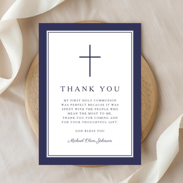 Cartão De Agradecimento 1Elegant Navy Blue Cross Boy First Communion (Elegant Navy Blue Cross Boy First Communion Thank You Card)