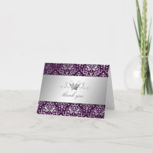 Cartão De Agradecimento 311-Dazzling Damask Silver Thank you Eggplant