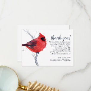 Cartão De Agradecimento 3,5"x5" Pássaro Cardinal em Aquarela Funeral