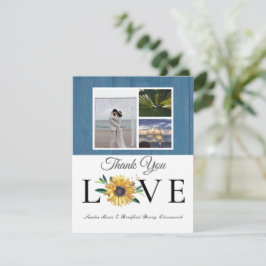 Cartão De Agradecimento 3 Colagem fotográfica Casamento de madeira azul de
