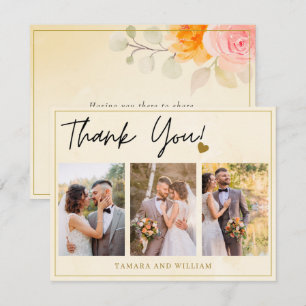 Cartão De Agradecimento 3 Foto Colagem Dourada Watercolor Casamento Floral
