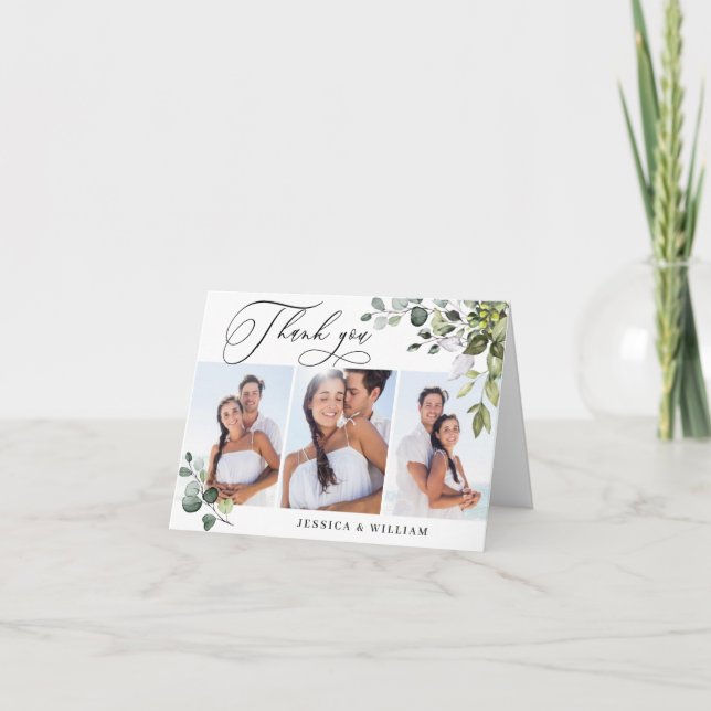 Cartão De Agradecimento 3 FOTO Elegante Eucalyptus Greenery Casamento (Frente)