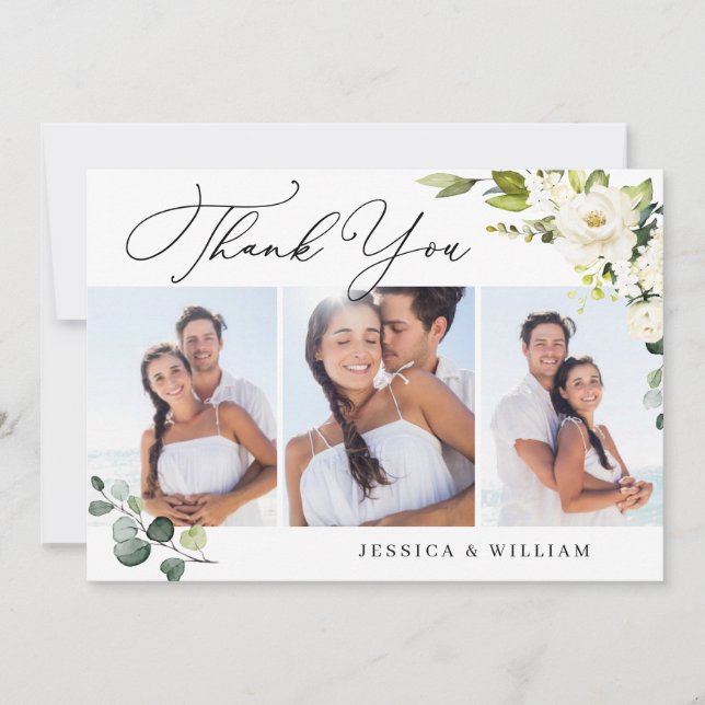 Cartão De Agradecimento 3 FOTO Elegante Eucalyptus White Roses Floral (Frente)