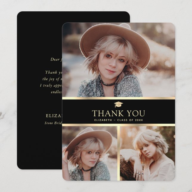 Cartão De Agradecimento 3 Graduação de Fotos Moderna Preta e Dourada (Frente/Verso)