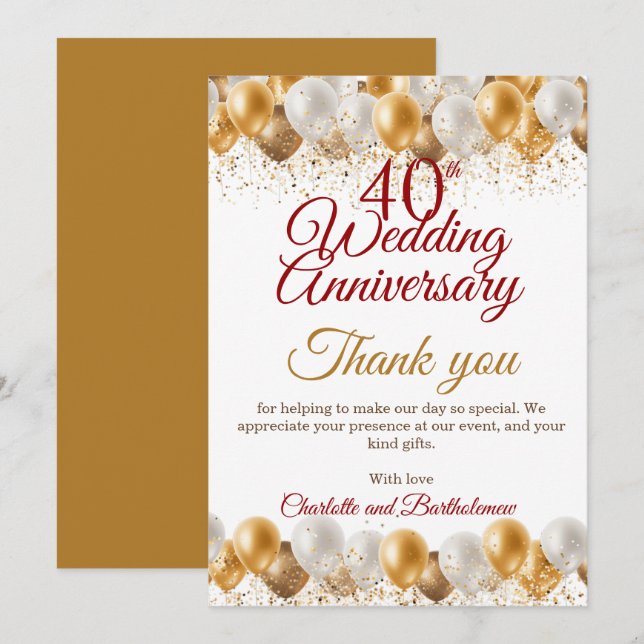 Cartão De Agradecimento 40ª Festa de Aniversário de Casamento (Frente/Verso)