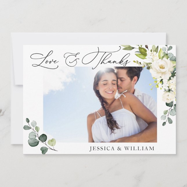 Cartão De Agradecimento 4 FOTO Elegante Eucalyptus White Roses Floral (Frente)