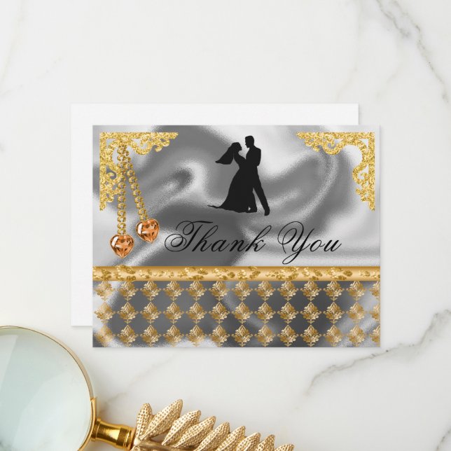 Cartão De Agradecimento 50ª Festa de aniversário Laranja Hearts Gem, Obrig (Frente/Verso In Situ)