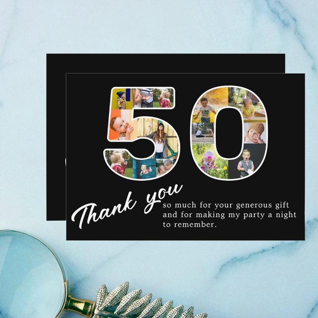 Cartão De Agradecimento 50º Aniversário Colagem de Fotos Preta (Personalized 50th birthday photo collage thank you card.)
