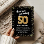 Cartão De Agradecimento 50º Aniversário do Adulto Dourado Negro<br><div class="desc">Elegante na 50ª festa de aniversário,  agradeço as cartas com um fundo na moda preto que pode ser mudado para qualquer cor,  brilho dourado brilhante,  balões de hélio de cinquenta ouro,  e um obrigado moderno que você modelo é fácil de personalizar.</div>