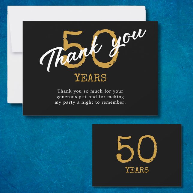 Cartão De Agradecimento 50.º aniversário retrô negro e Dourado (50th Birthday Retro Black And Gold Thank You Card
)