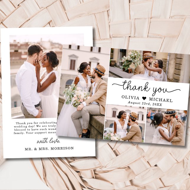 Cartão De Agradecimento 5 Foto Collage Elegant Script Wedding (Criador carregado)