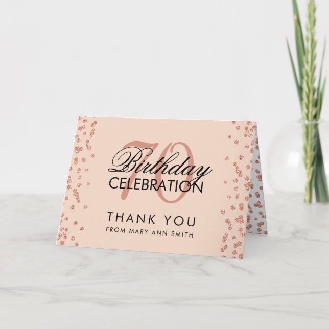 Cartão De Agradecimento 70 de Blush rosa Dourada Aniversário Obrigado Conf (Frente)
