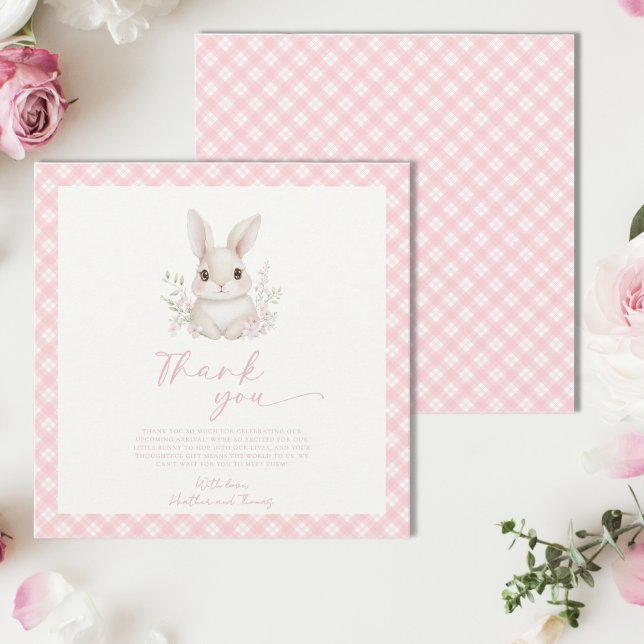 Cartão De Agradecimento A Little Bunny Pink Gingham Baby Shower (Criador carregado)