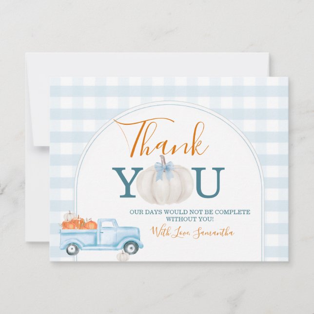 Cartão De Agradecimento A Little Pumpkin Blue Truck Gingham Baby Shower (Frente)