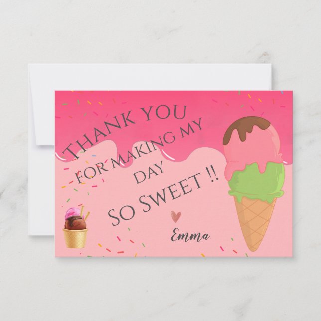 Cartão De Agradecimento A primeira Festa de aniversário da Sorvete rosa (Frente)