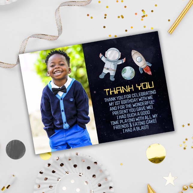 Cartão De Agradecimento A Primeira Viagem Do primeiro aniversario Espacial (Space 1st Birthday Party First Trip Around The Sun Thank You Card)