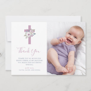 Cartão De Agradecimento A violeta cora baptismo da foto da cruz e das