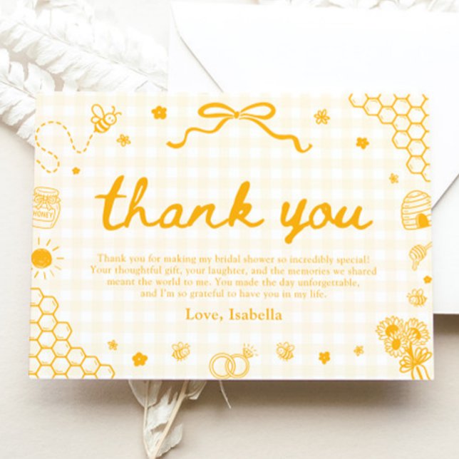 Cartão de Agradecimento Abelha Mel Favo de Mel Xad (Yellow Gingham Honey Bee Honeycomb Thank You Card)