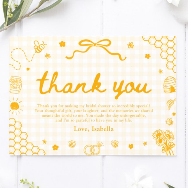 Cartão de Agradecimento Abelha Mel Favo de Mel Xad (Yellow Gingham Honey Bee Honeycomb Thank You Card)