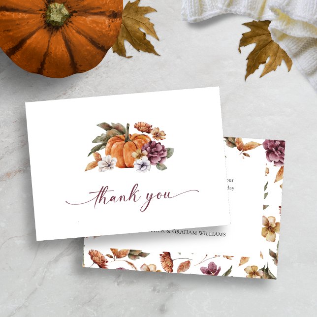 Cartão de Agradecimento Abóbora (Fall Watercolor Floral Pumpkin Thank You Cards)