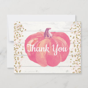 Cartão De Agradecimento Abóbora de Outono Rústico Rosa Brilho Dourado