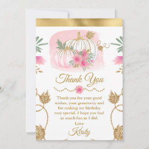 Cartão De Agradecimento Abóbora Rosa Aquarela Dourado Glitter Aniversário