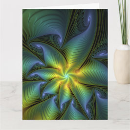 Cartão De Agradecimento Abstract Star, Shiny Blue Green Golden Fractal Art
